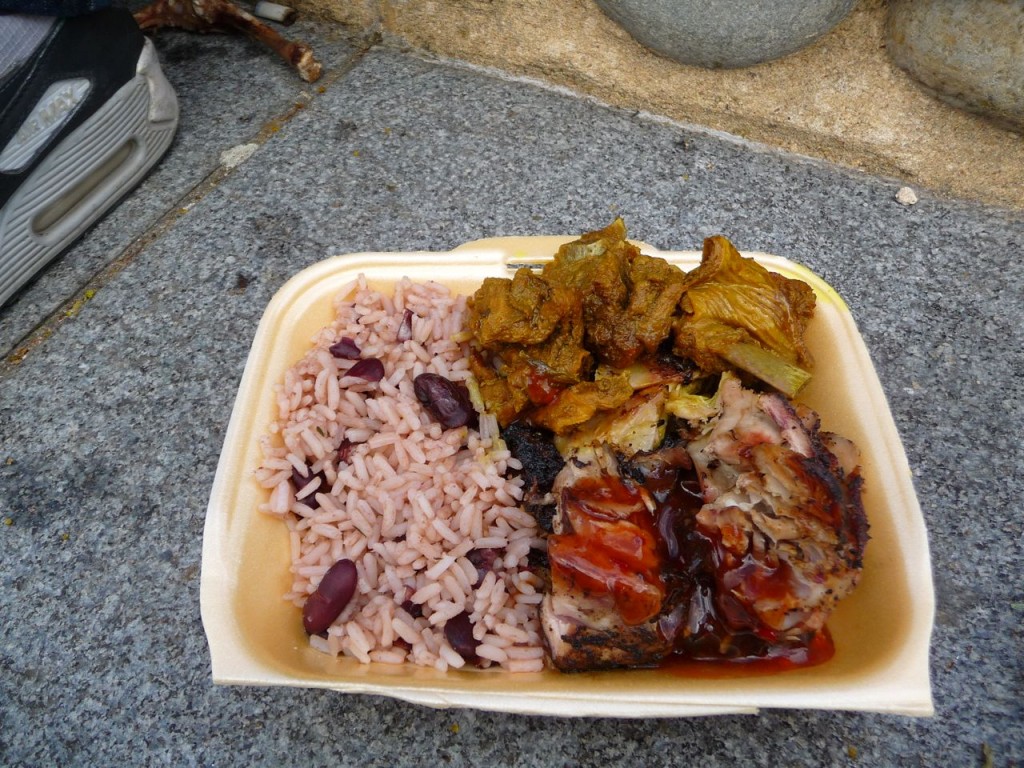 Jerk Chicken, Curry Goat and Rice and Beans from the Notting Hill Carnival